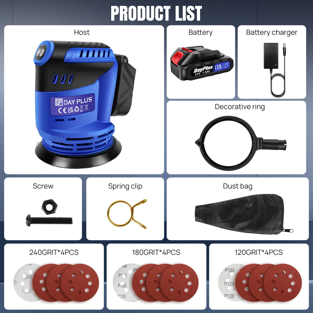 Levigatrice Orbitale Senza Fili 3000W 21V – 3 Velocità, Disco 125mm, Sacchetto Raccolta Polvere, Lucidatura e Rimozione Vernice