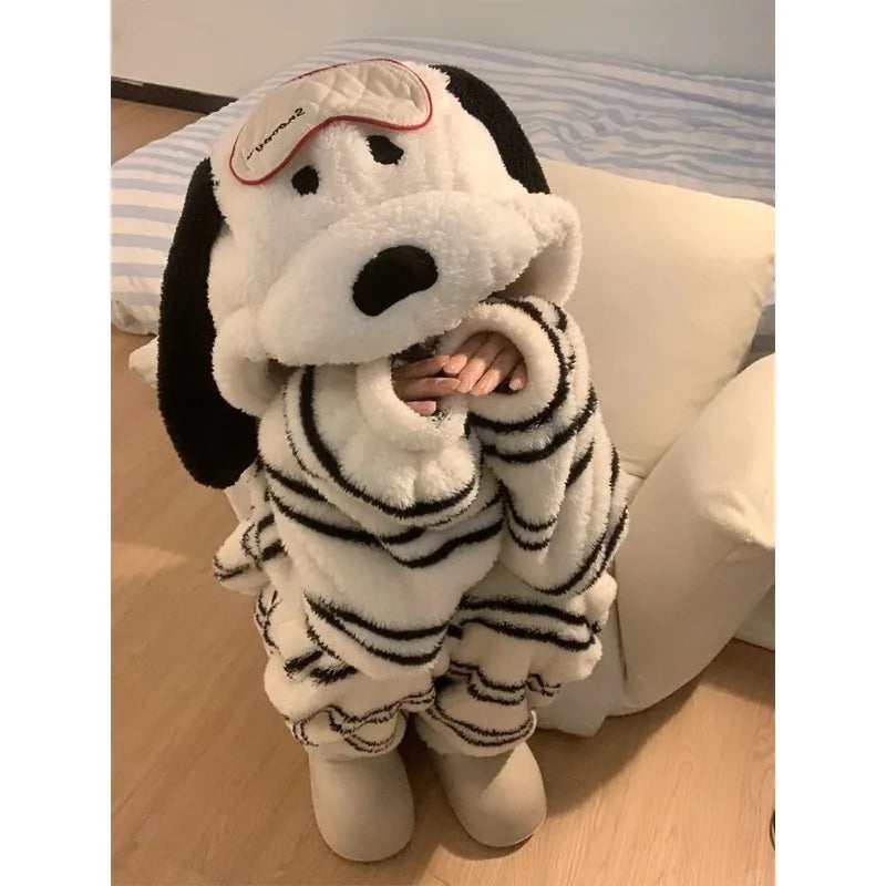 Pigiama Invernale con Cappuccio – Cucciolo Cartoon, Pile di Corallo, Taglie Forti | Caldo e Comodo