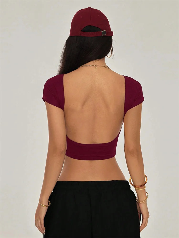 T-Shirt Donna Schiena Scoperta – Crop Top Y2K Streetwear Grunge, Manica Corta, Stile High Street