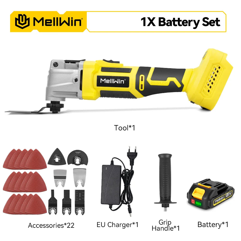 Utensile Multifunzione Oscillante MELLWIN Brushless 6+3 Velocità – Sega, Raschietto, Taglio | Compatibile Batteria Makita 18V