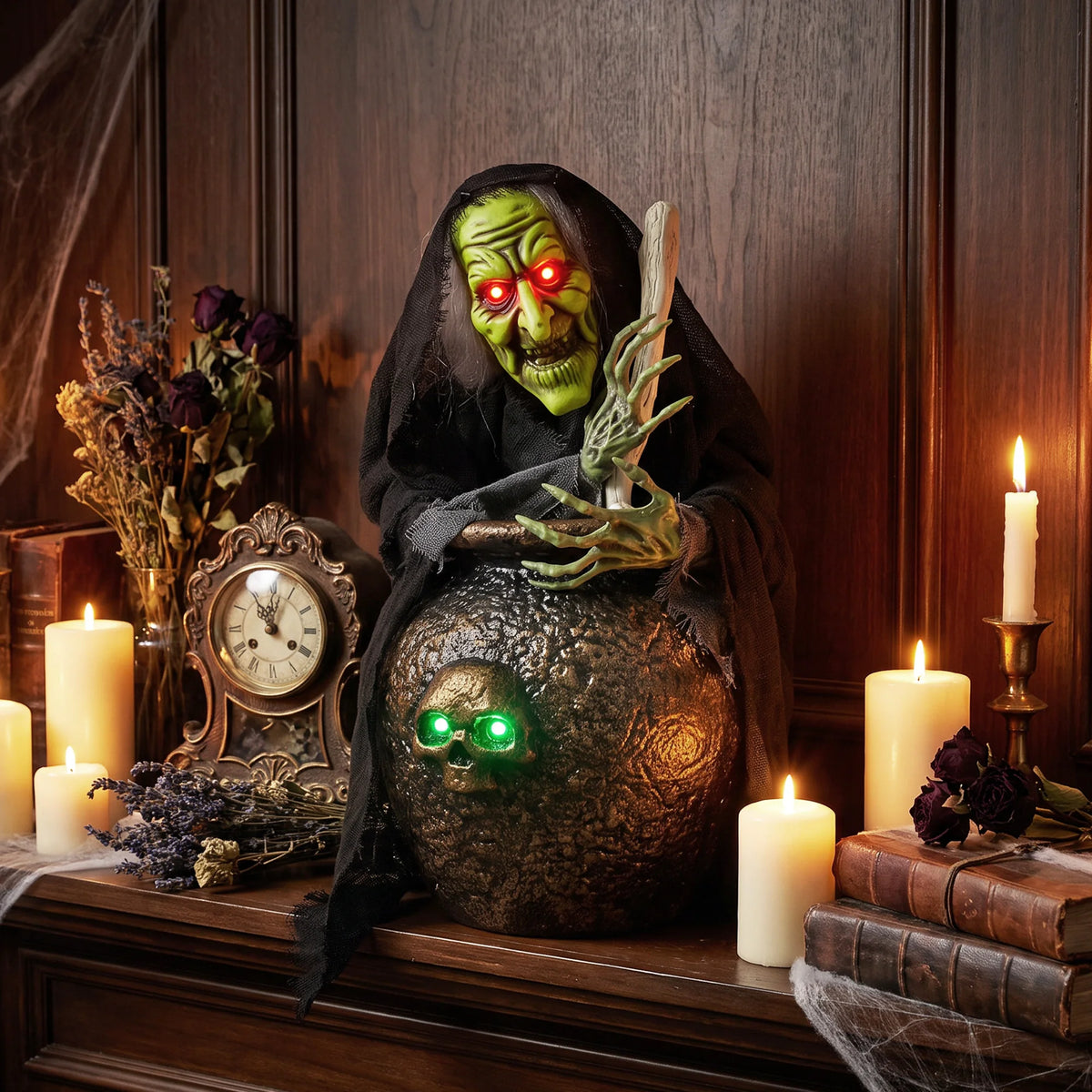 Strega animata Halloween da tavolo con luci e suoni