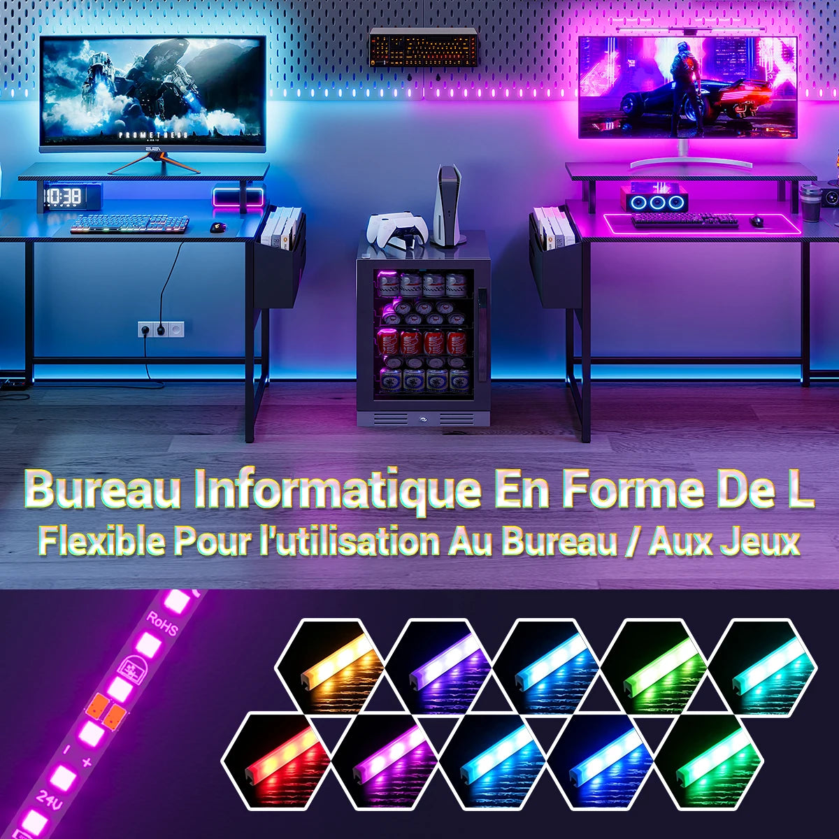 Scrivania ad L Mihtrov – Gaming Desk con LED, Presa USB Integrata, Cassettiera, Alzata Monitor e Hutch, Portata 250kg