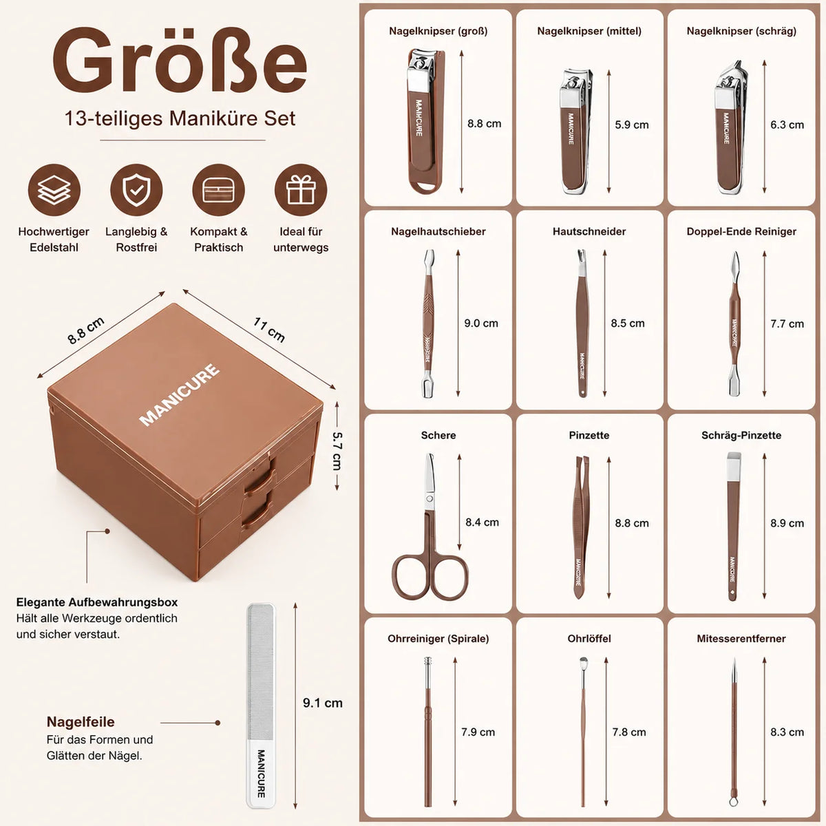 Set Manicure e Pedicure 13 Pezzi con Specchio – Acciaio Inox, Idea Regalo per Donna e Uomo