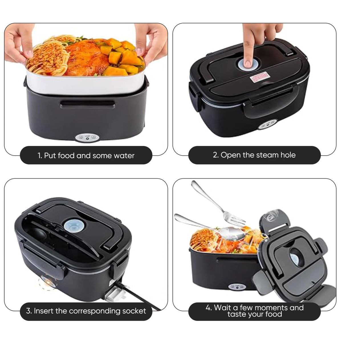 Lunch Box Elettrica 1,5L – Scaldavivande Portatile Auto e Ufficio, 12V/24V/220V Multi-Tensione con Contenitore in Acciaio Inox