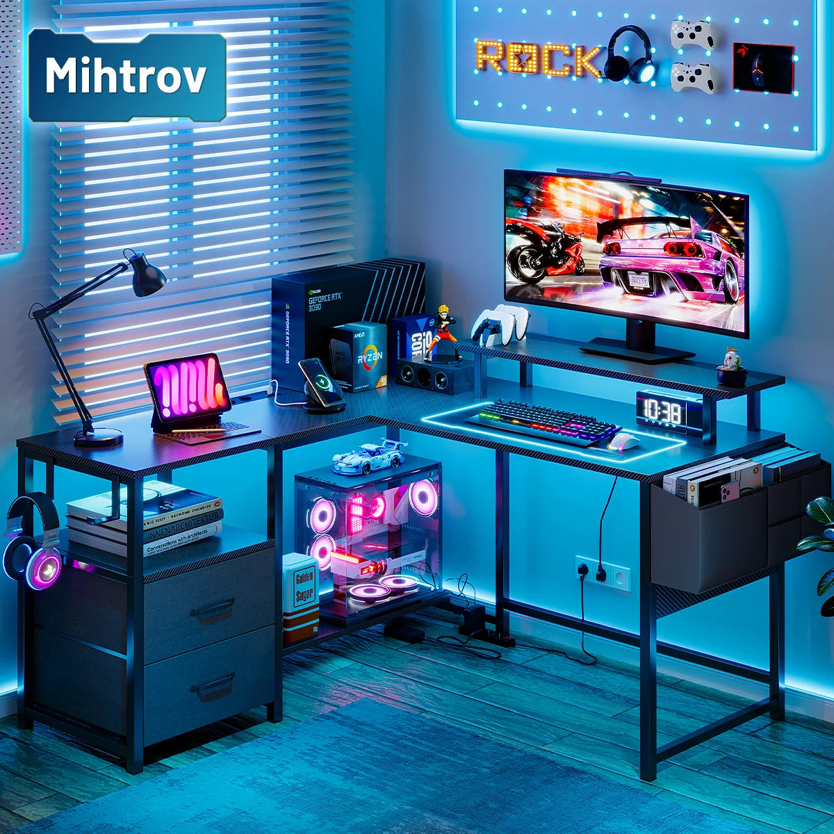 Scrivania ad L Mihtrov – Gaming Desk con LED, Presa USB Integrata, Cassettiera, Alzata Monitor e Hutch, Portata 250kg