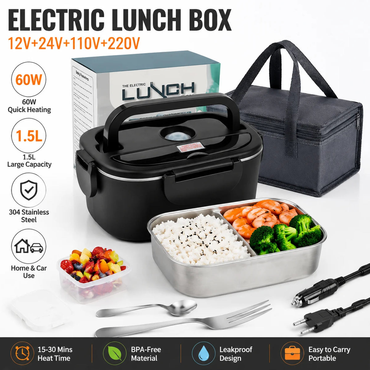 Lunch Box Elettrica 1,5L – Scaldavivande Portatile Auto e Ufficio, 12V/24V/220V Multi-Tensione con Contenitore in Acciaio Inox