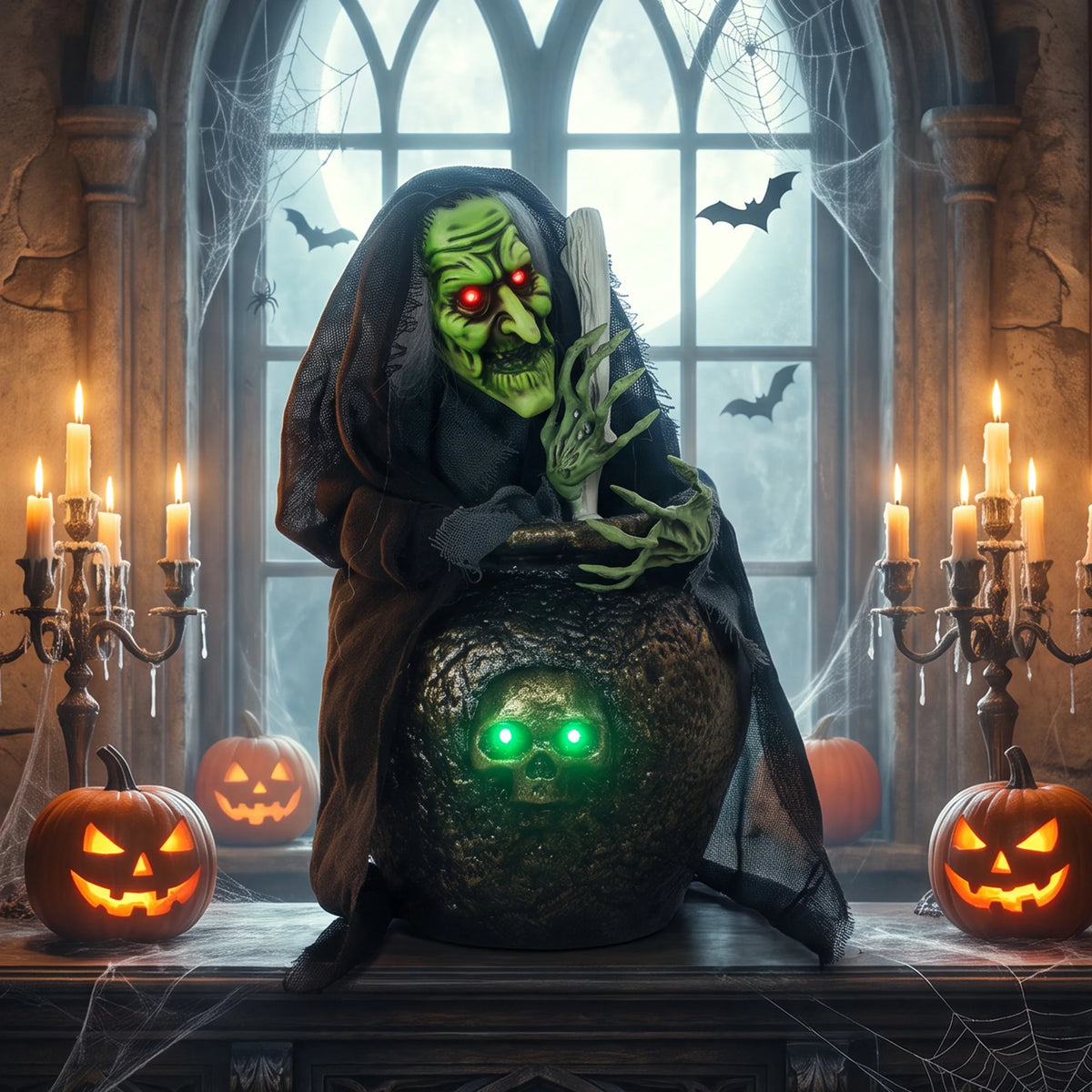 Strega animata Halloween da tavolo con luci e suoni