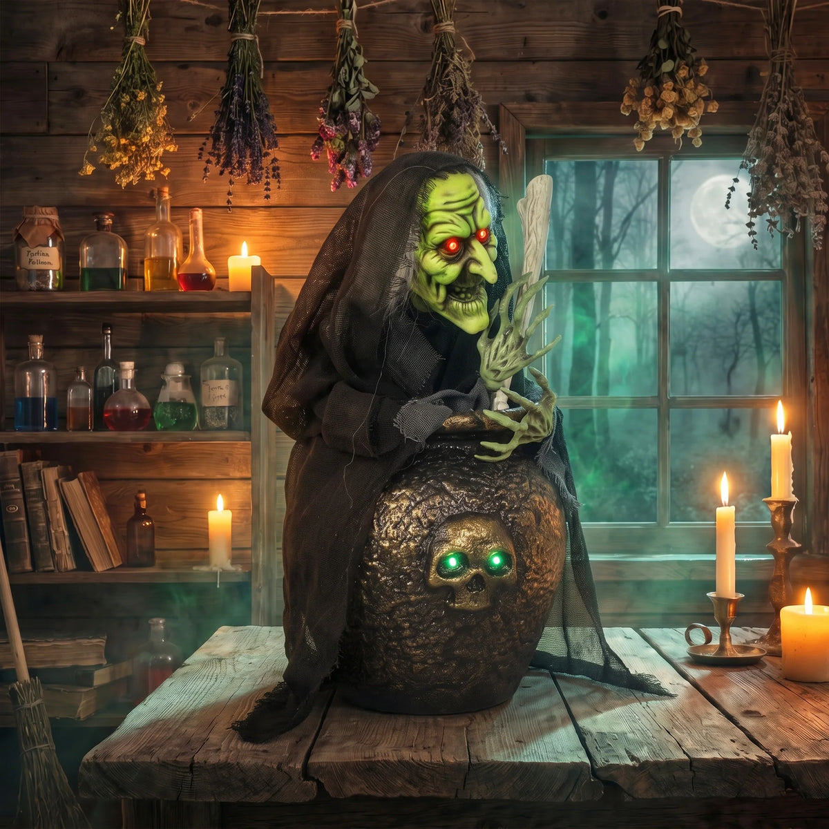 Strega animata Halloween da tavolo con luci e suoni
