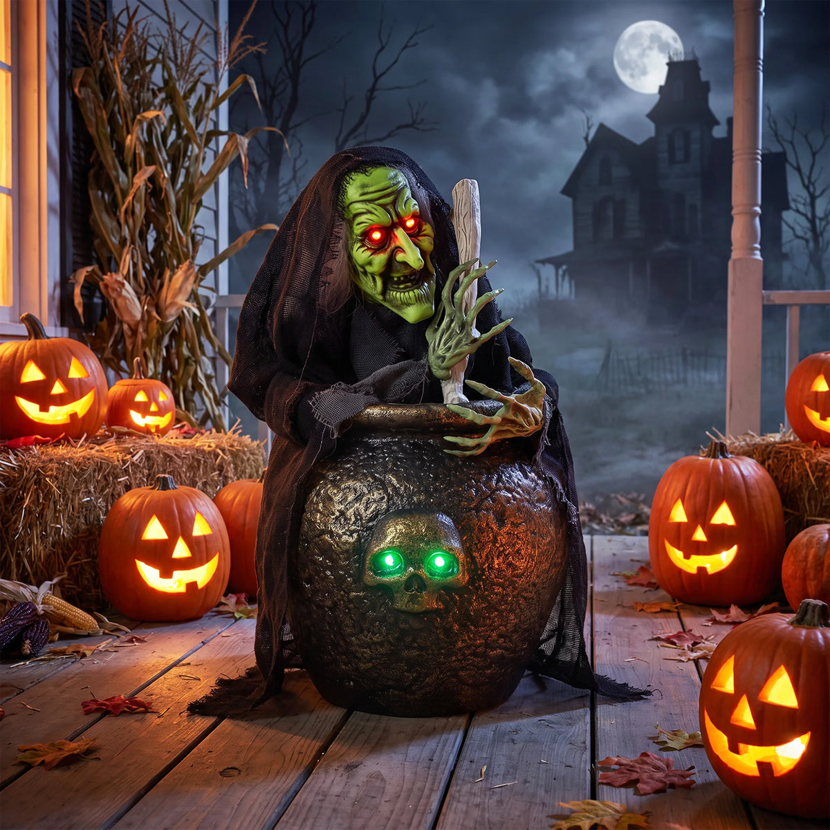 Strega animata Halloween da tavolo con luci e suoni