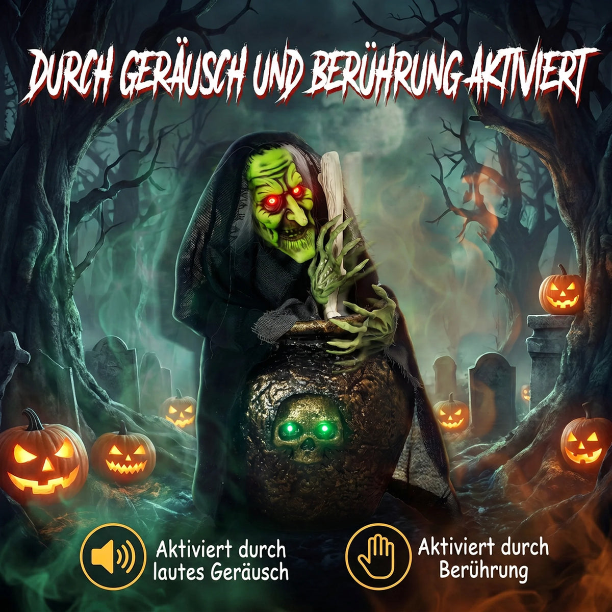 Strega animata Halloween da tavolo con luci e suoni