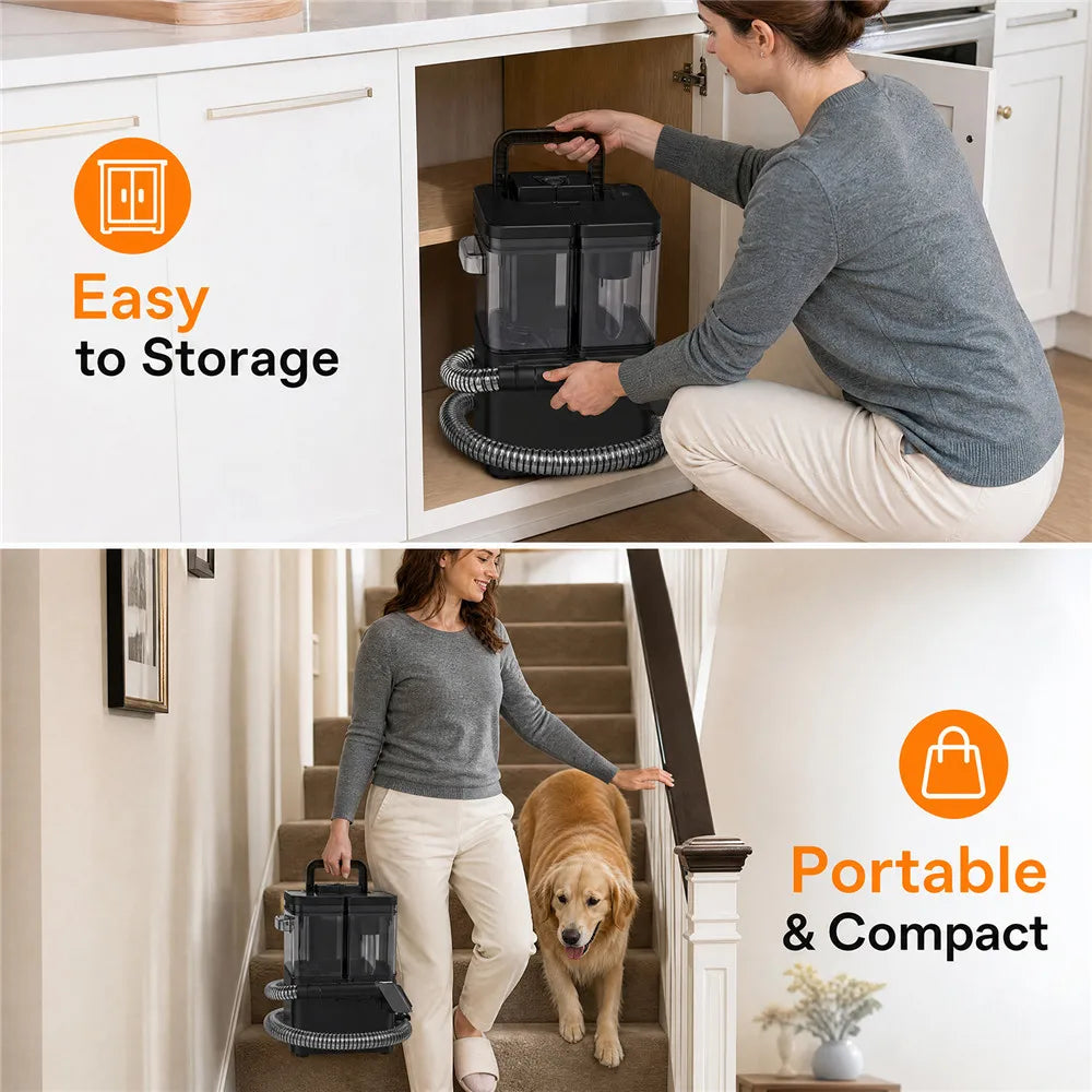 Pulitore a Vapore Portatile 450W – Aspira e Lava Tappeti, Divani e Tendaggi, 12kPa, 3 Testine, Doppio Serbatoio