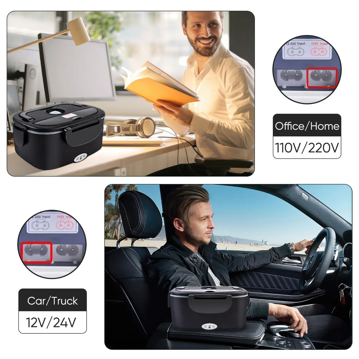 Lunch Box Elettrica 1,5L – Scaldavivande Portatile Auto e Ufficio, 12V/24V/220V Multi-Tensione con Contenitore in Acciaio Inox