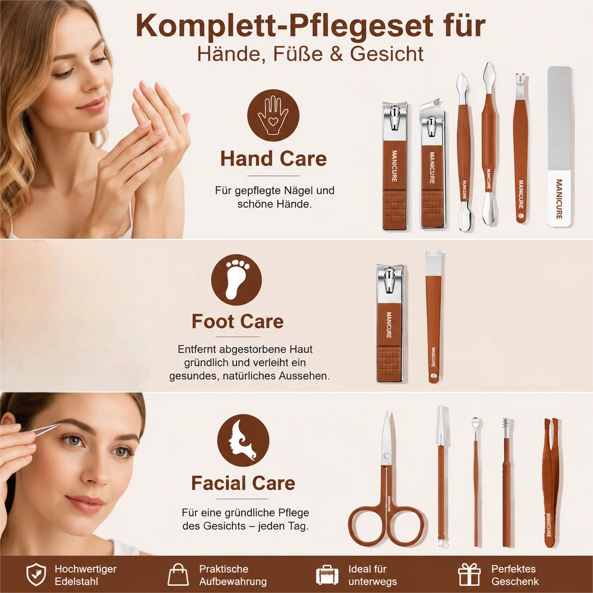 Set Manicure e Pedicure 13 Pezzi con Specchio – Acciaio Inox, Idea Regalo per Donna e Uomo