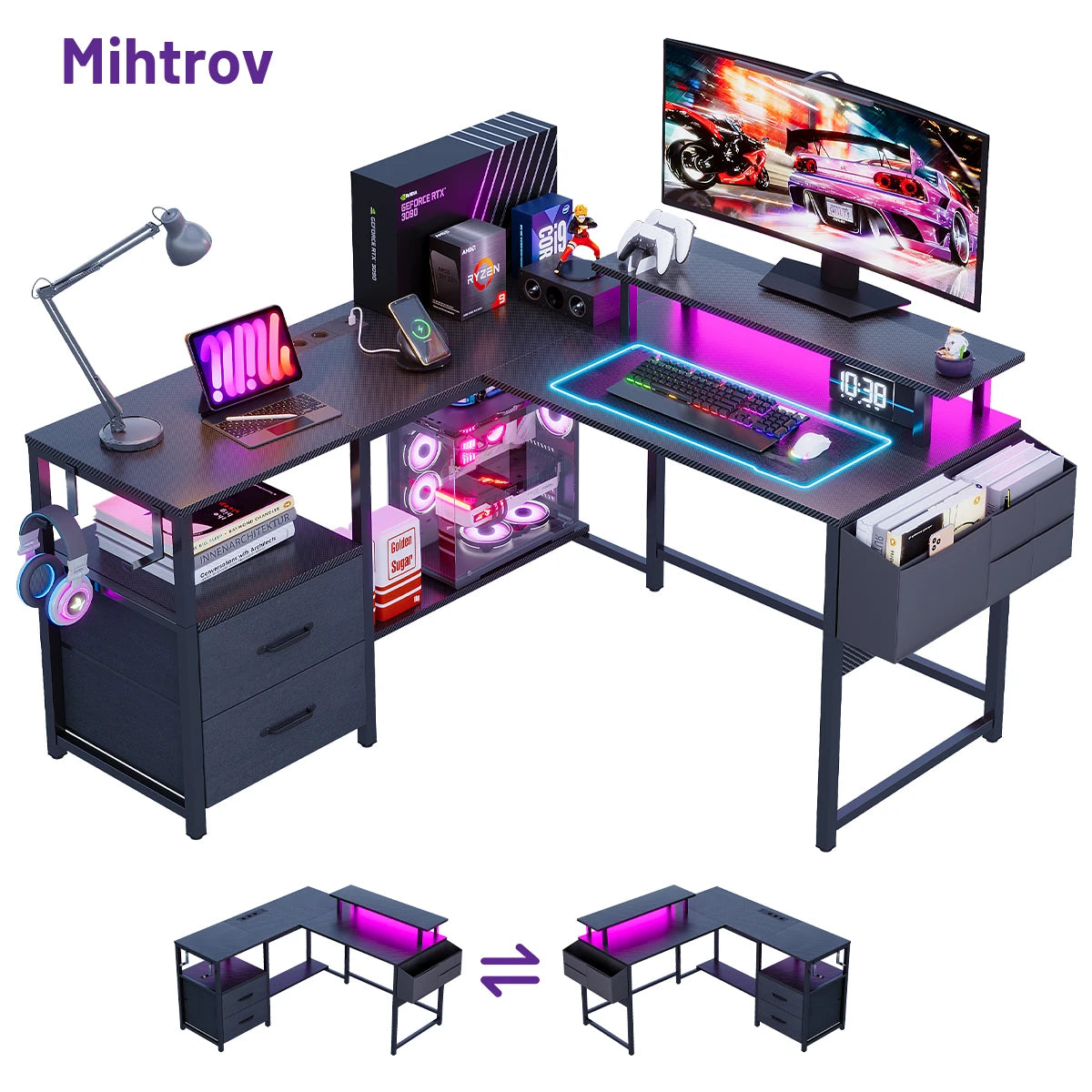 Scrivania ad L Mihtrov – Gaming Desk con LED, Presa USB Integrata, Cassettiera, Alzata Monitor e Hutch, Portata 250kg