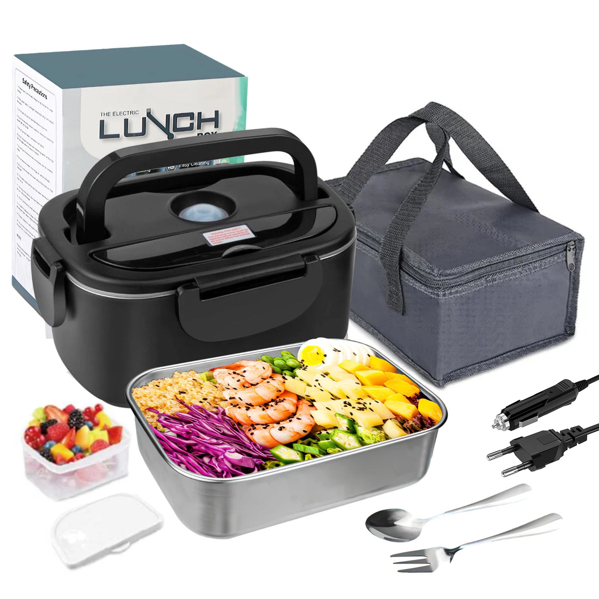 Lunch Box Elettrica 1,5L – Scaldavivande Portatile Auto e Ufficio, 12V/24V/220V Multi-Tensione con Contenitore in Acciaio Inox