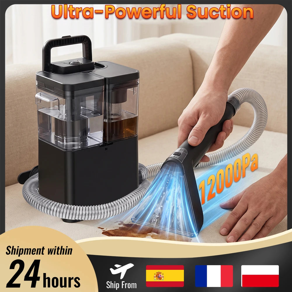 Pulitore a Vapore Portatile 450W – Aspira e Lava Tappeti, Divani e Tendaggi, 12kPa, 3 Testine, Doppio Serbatoio