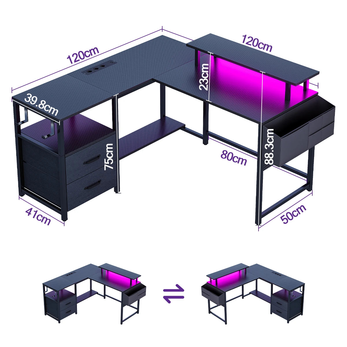 Scrivania ad L Mihtrov – Gaming Desk con LED, Presa USB Integrata, Cassettiera, Alzata Monitor e Hutch, Portata 250kg
