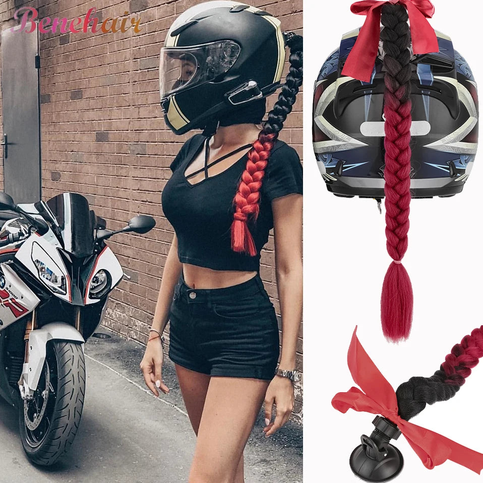 Benehair Trecce Sintetiche per Casco con Sfumatura – Coda con Ventosa e Fiocco per Moto 1 PZ