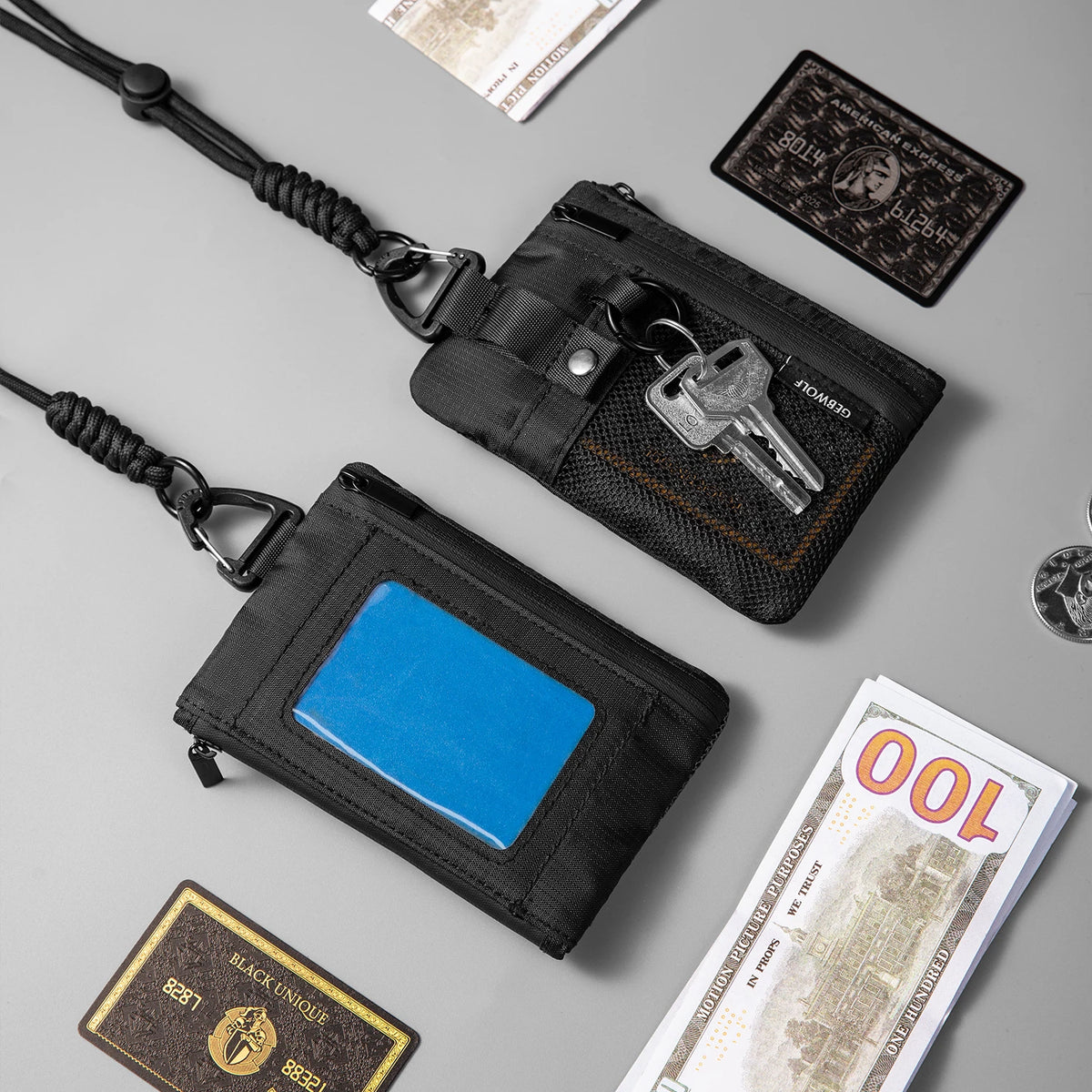 Portafoglio Minimalista con Blocco RFID – Tasca ID, Impermeabile, con Laccetto e Portachiavi