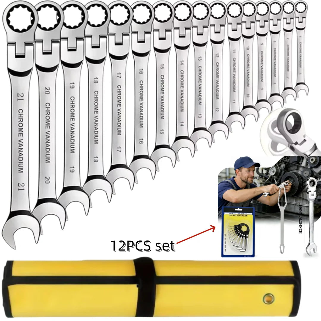 Set 12 Chiavi Combinate in Acciaio Cromo-Vanadio con 10 Chiavi Esagonali e 2 Chiavi Aggiuntive – Kit Professionale per Auto e Moto
