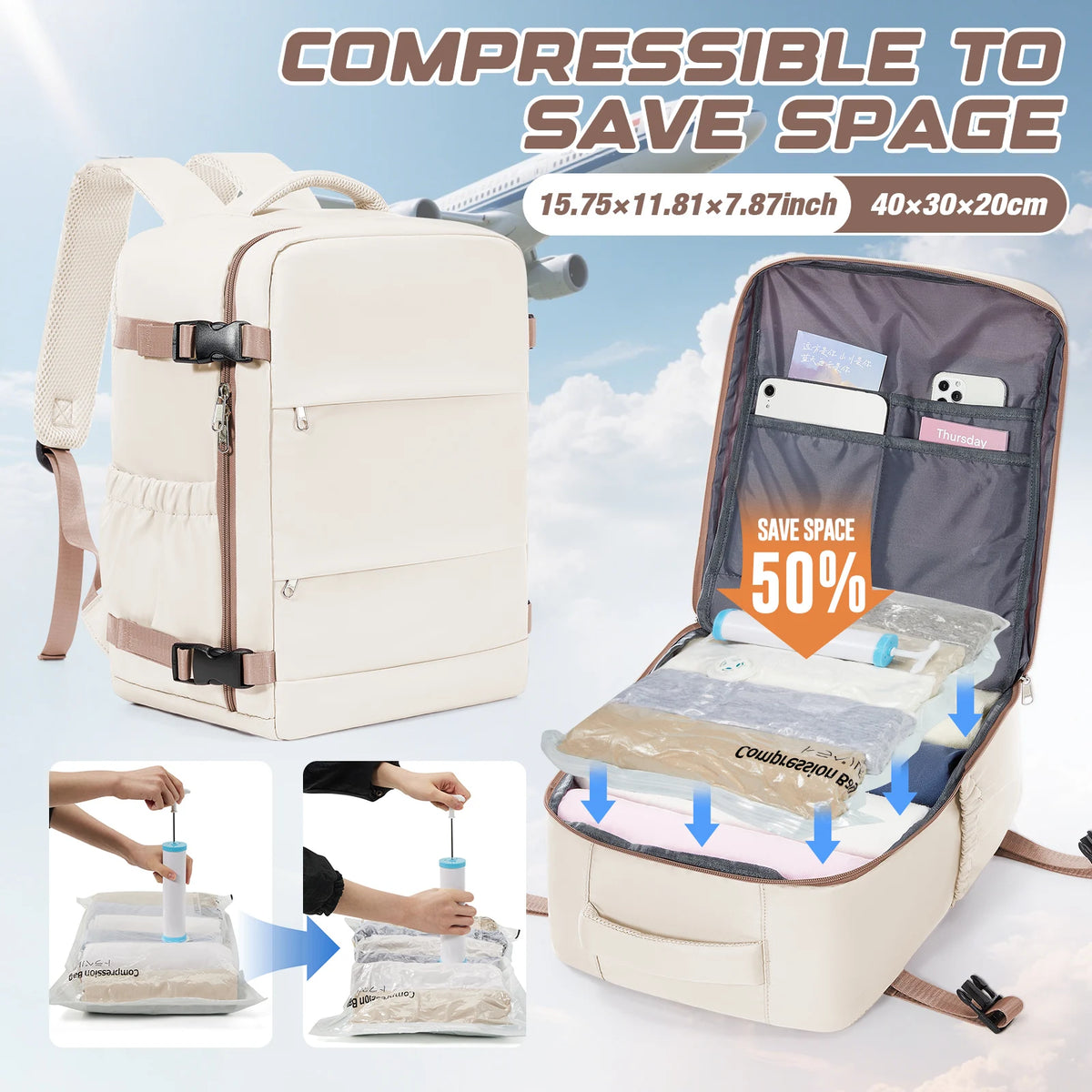 Borsa Portaoggetti per Vestiti – Zaino Personale Ryanair 40x30x20, Borsa Cabina, Sacchetto Sottovuoto con Pompa Manuale