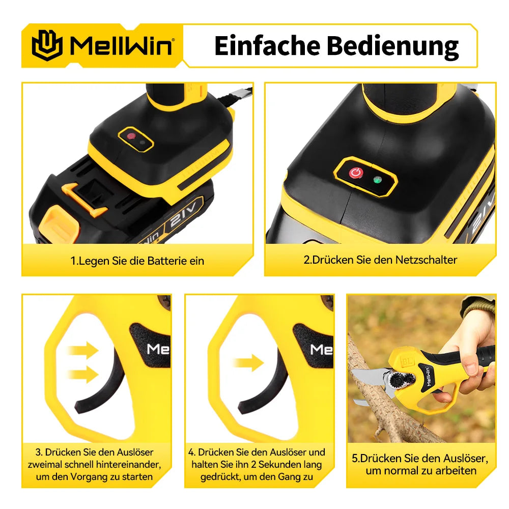 Forbici Elettriche da Potatura MELLWIN Brushless 30mm – Per Giardino, Bonsai e Frutteti | Compatibili Batteria Makita 18V