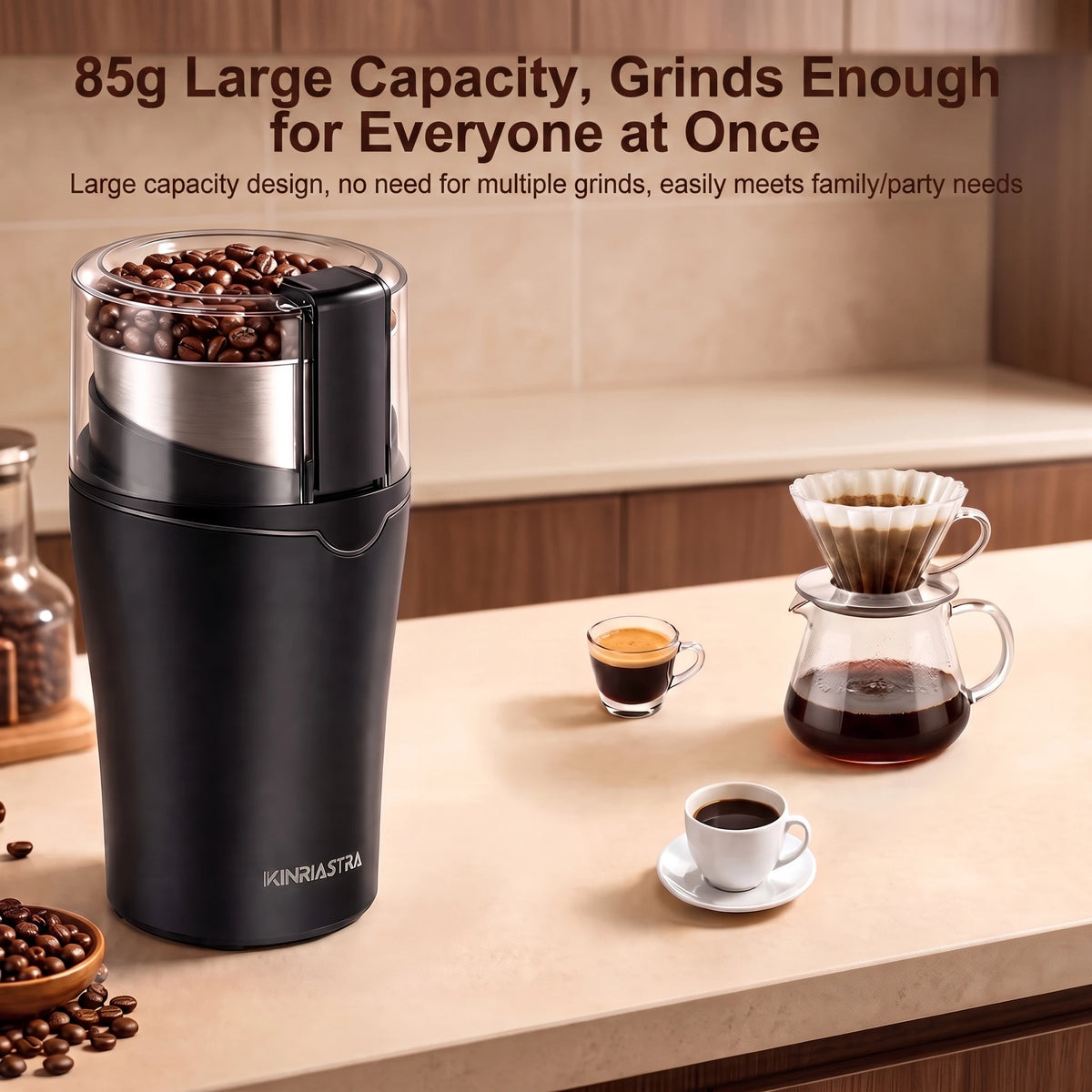 KINRIASTRA Macinacaffè Elettrico 300W – Motore in Rame Puro 30.000 RPM, Capacità 85g, Acciaio Inox 304, Uso Singolo Tasto