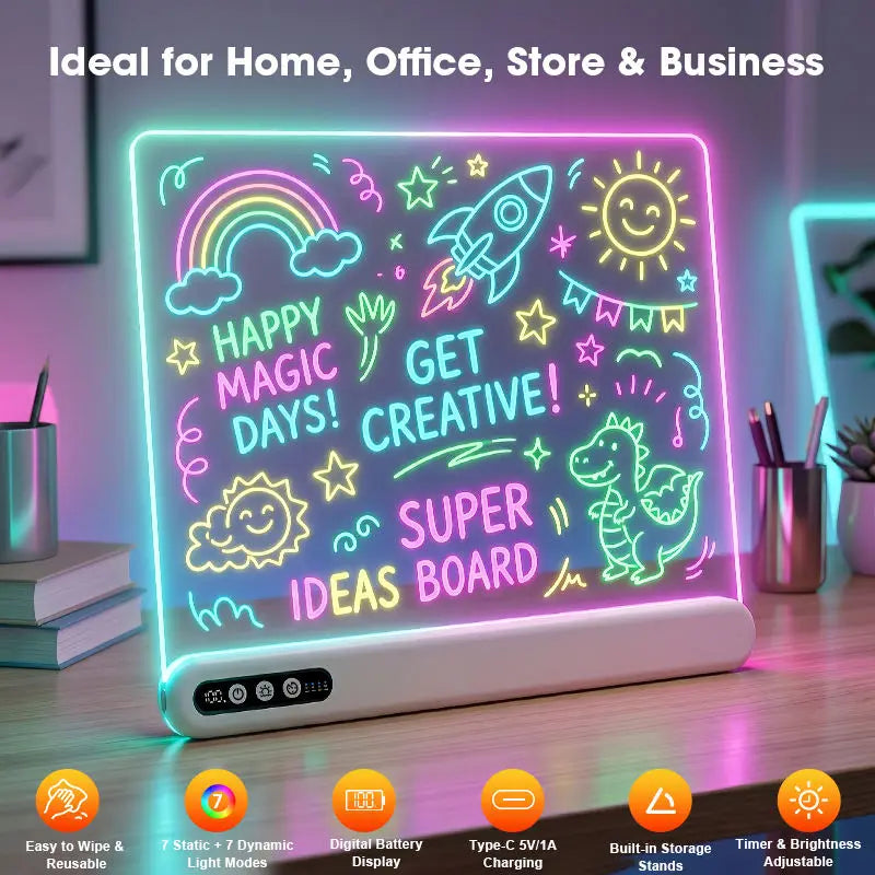 Lavagna LED Luminosa Ricaricabile – Bacheca Neon Acrilica con Timer, Display Batteria, 7 Colori RGB e 7 Effetti, per Bambini e Ufficio