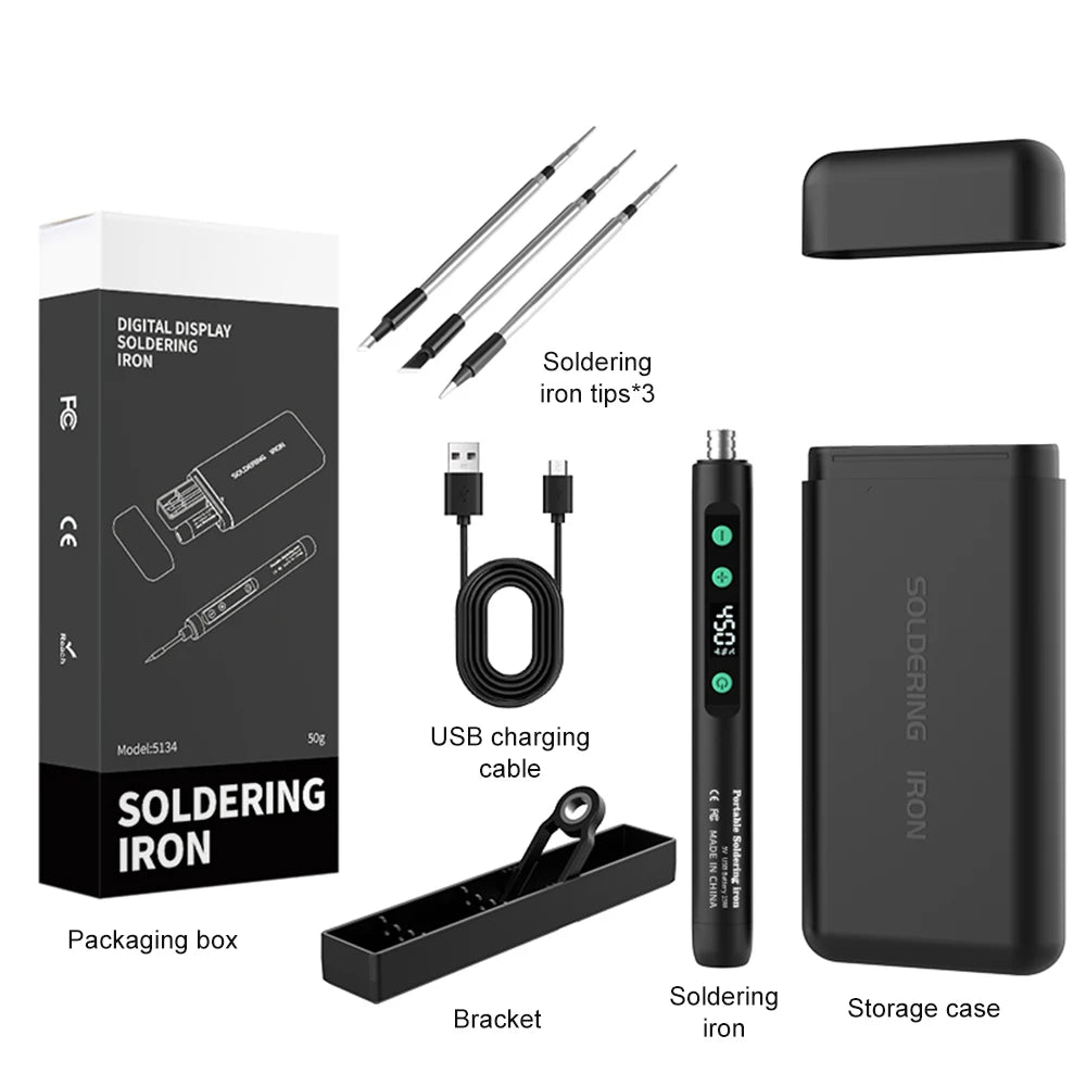 Saldatore Elettrico Digitale USB Type-C 8-15W – Temperatura Regolabile 180-450°C, Riscaldamento Rapido, Kit Mini Portatile