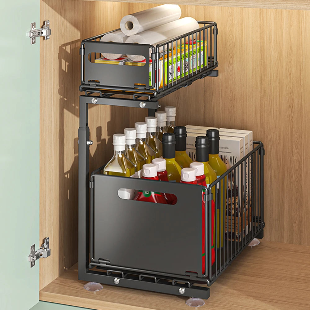 HGTUGO Organizer da Armadio Estraibile a 2 Ripiani – Portaspezie Regolabile in Acciaio, per Cucina, Bagno e Lavandino