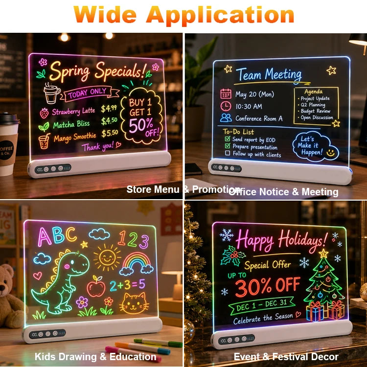 Lavagna LED Luminosa Ricaricabile – Bacheca Neon Acrilica con Timer, Display Batteria, 7 Colori RGB e 7 Effetti, per Bambini e Ufficio