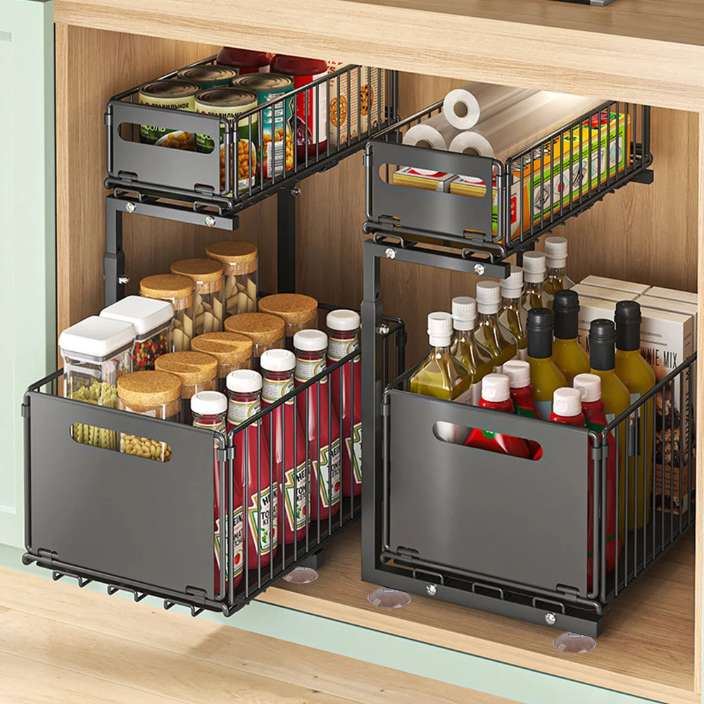 HGTUGO Organizer da Armadio Estraibile a 2 Ripiani – Portaspezie Regolabile in Acciaio, per Cucina, Bagno e Lavandino