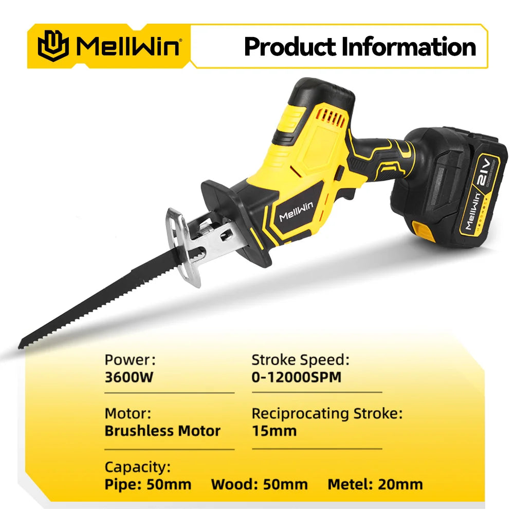 Sega Alternativa Elettrica MELLWIN Brushless con 4 Lame – Legno e Metallo Senza Fili | Compatibile Batteria Makita 18V