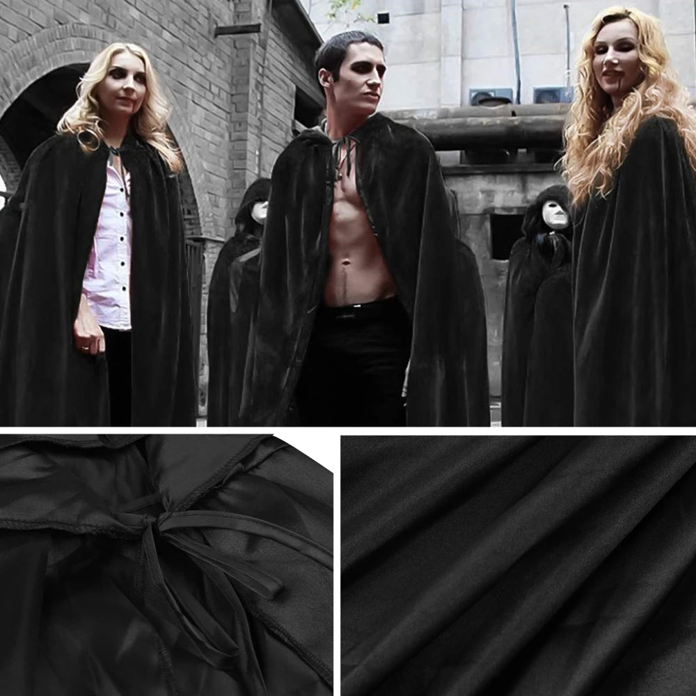 Mantello nero con cappuccio per Halloween e cosplay