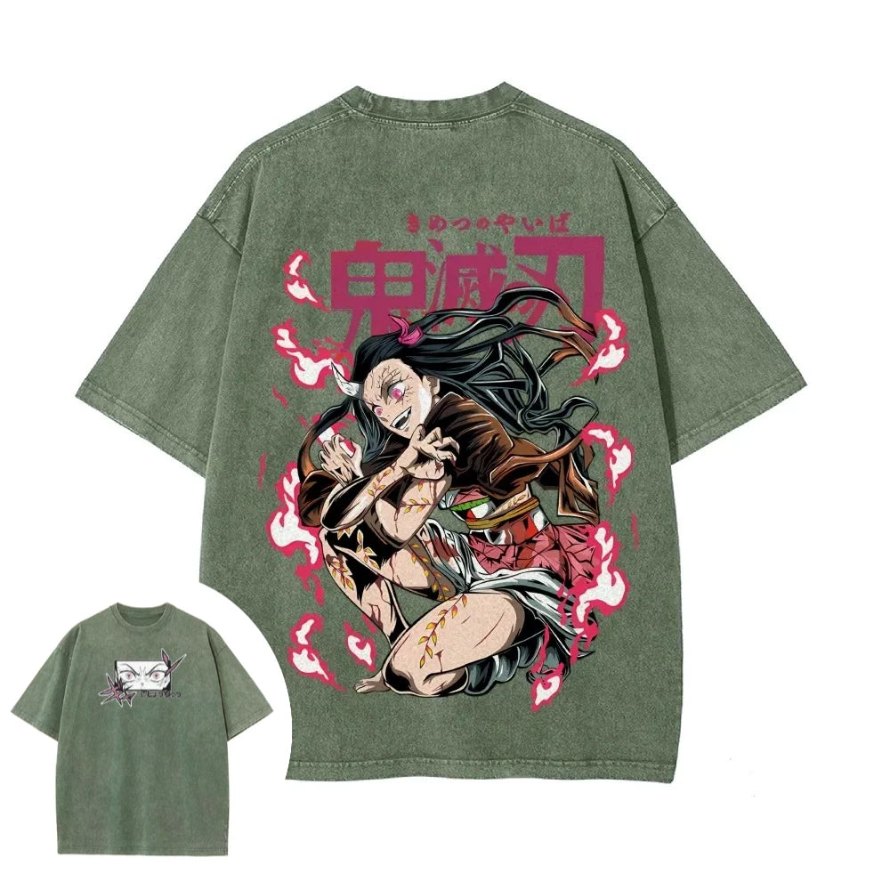 T-Shirt Demon Slayer Unisex – Nezuko Kamado | Stile Vintage Washed, Manica Corta, Alta Qualità