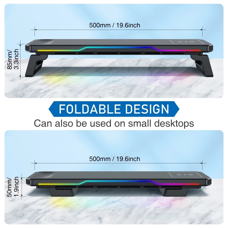 Supporto Monitor con Ricarica Wireless e Luce RGB – Docking Station Multifunzionale Pieghevole per Ufficio e Scrivania
