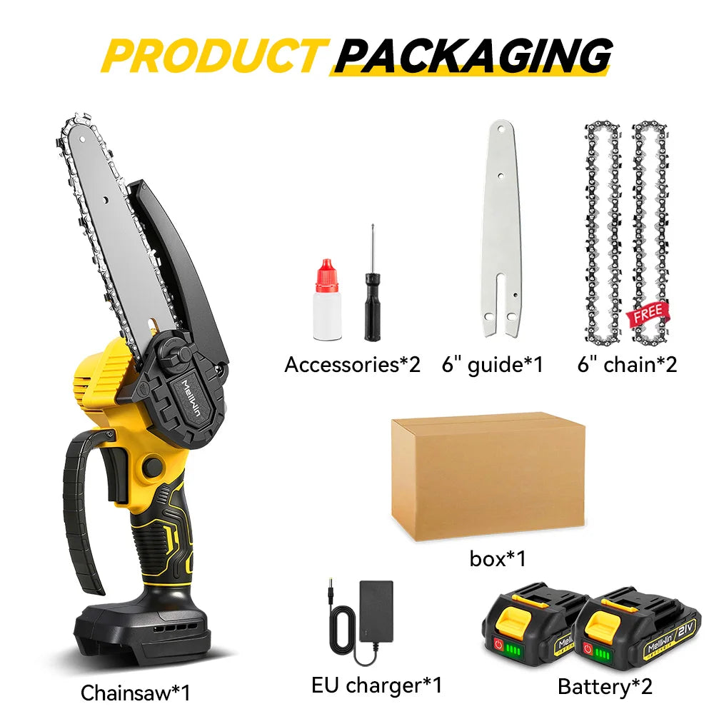 Mini Motosega Elettrica MELLWIN Cordless 6" – Sega da Potatura per Giardino | Compatibile Batteria Makita 18V