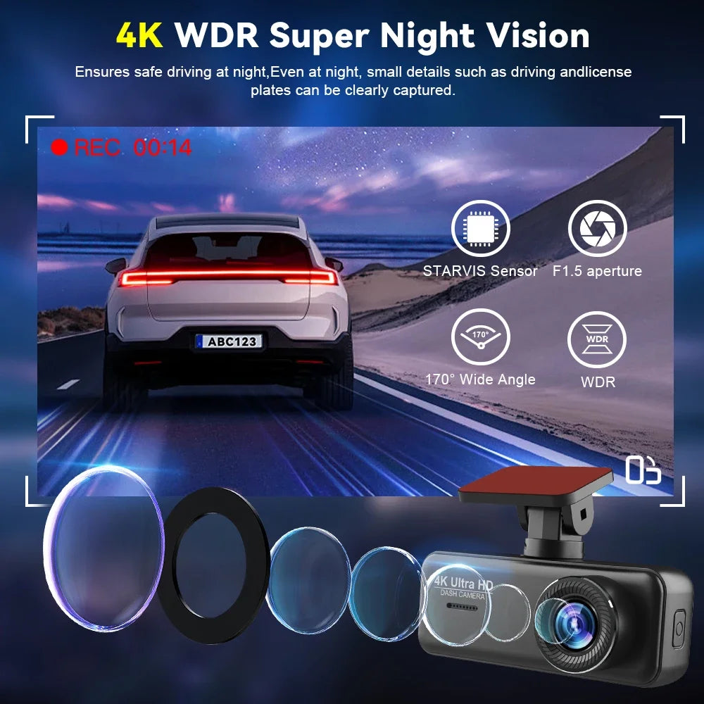 Dashcam Kocam 4K Doppia Telecamera Anteriore e Posteriore con Monitoraggio Parcheggio 24H, Visione Notturna e GPS