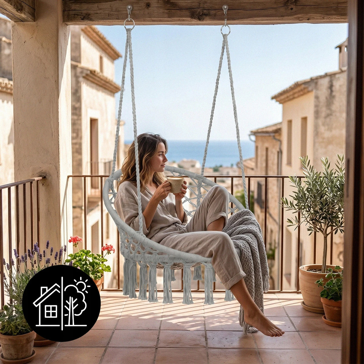 Sedia Pensile Boho Intrecciata – Dondolo a Nido per Giardino, Terrazza, Balcone e Interni, Stile Boho, Portata 160 kg