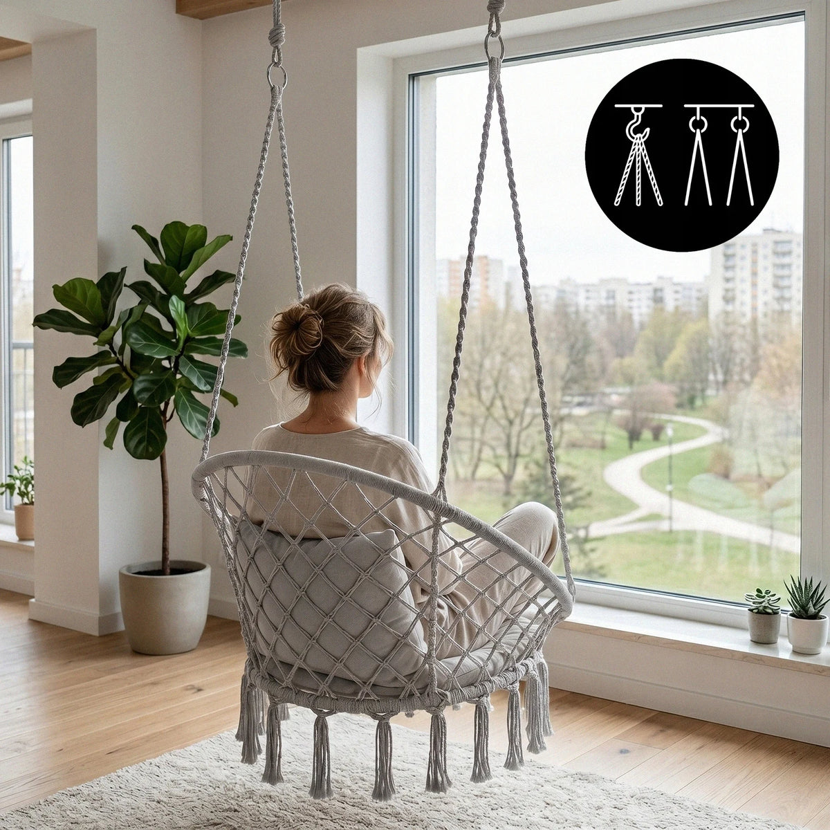 Sedia Pensile Boho Intrecciata – Dondolo a Nido per Giardino, Terrazza, Balcone e Interni, Stile Boho, Portata 160 kg