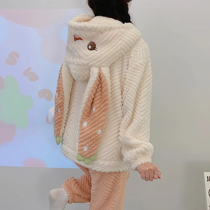 Completo Donna 2 Pezzi con Cappuccio – Felpa e Pantaloni, Stampa Fragole, Caldo e Morbido | Inverno