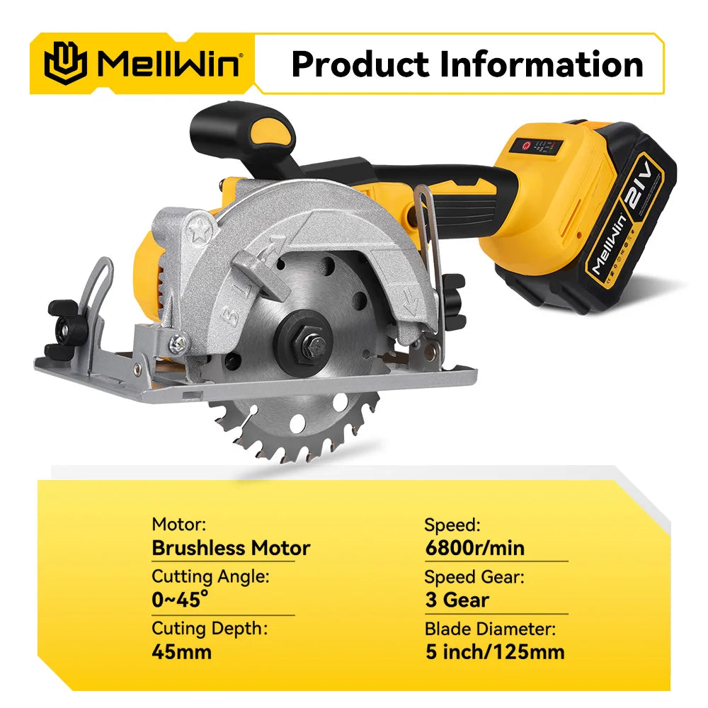 Sega Circolare Elettrica MELLWIN Brushless 125mm 5" – Taglia Legno e Metallo | Compatibile Batteria 18V/21V