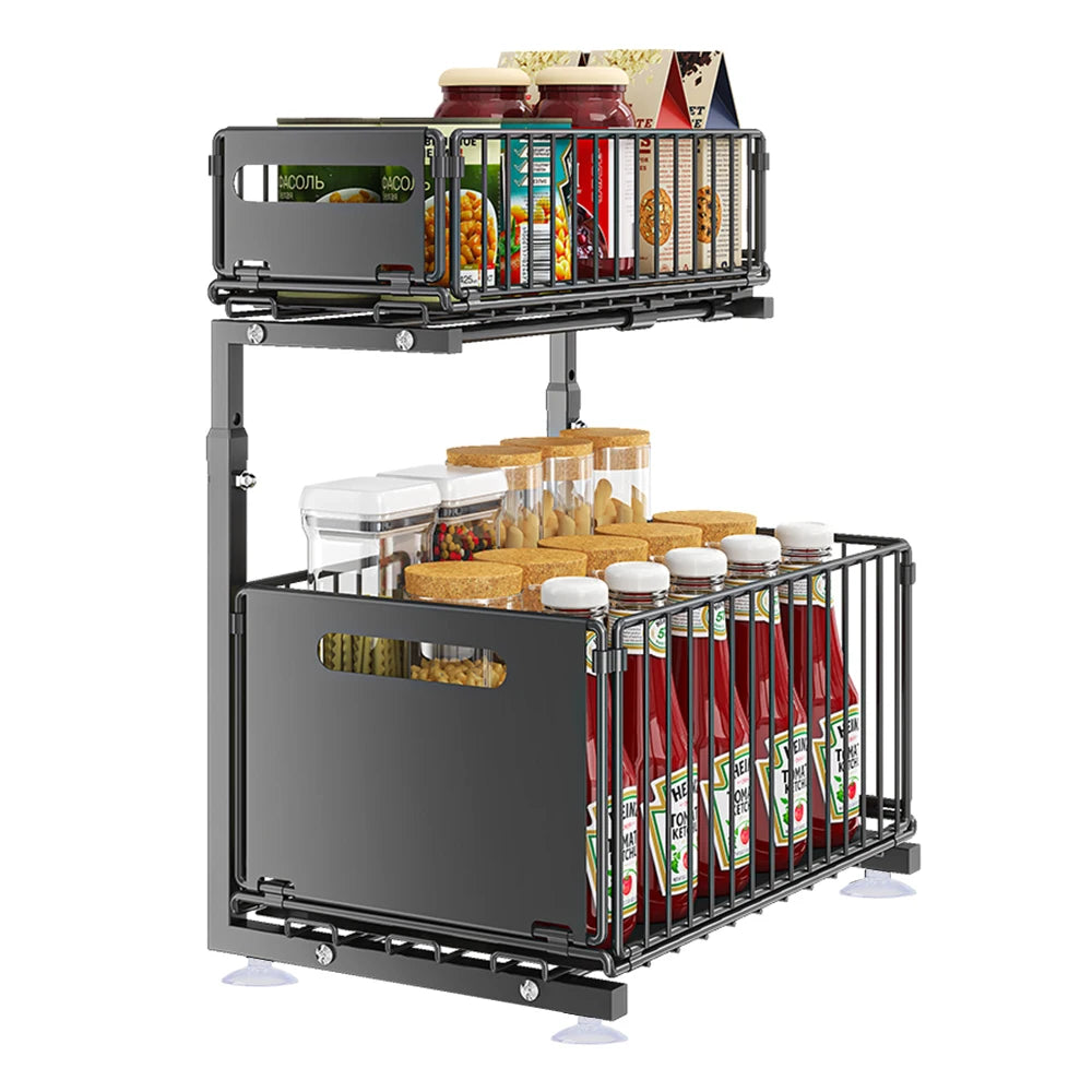 HGTUGO Organizer da Armadio Estraibile a 2 Ripiani – Portaspezie Regolabile in Acciaio, per Cucina, Bagno e Lavandino