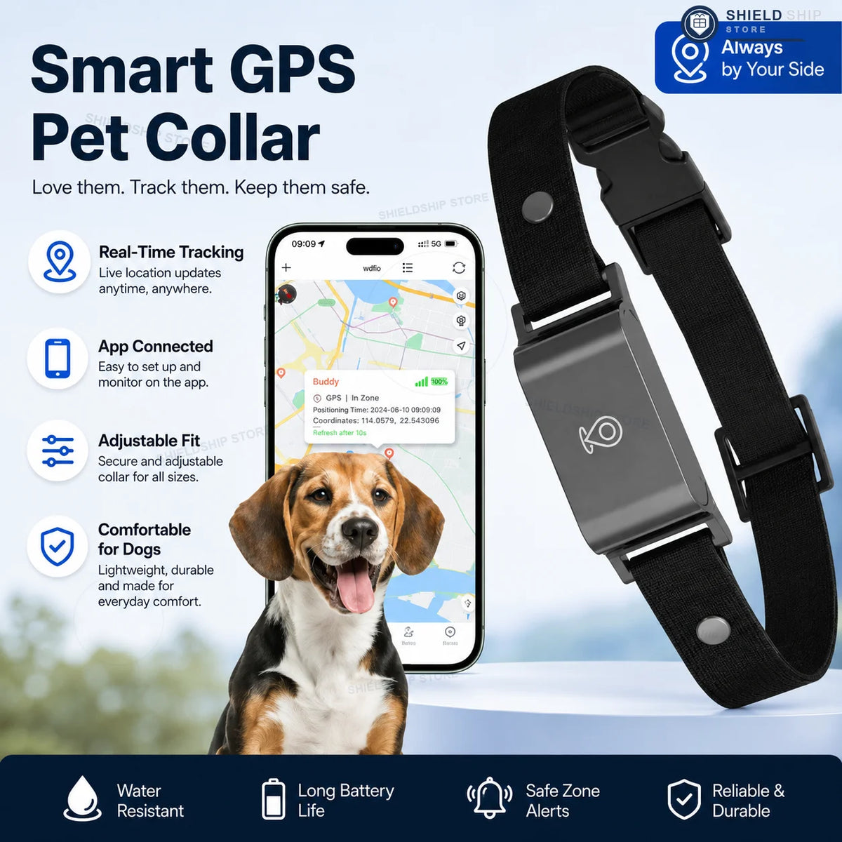 Collare GPS Smart per Cani con Localizzazione in Tempo Reale, App, Fit Regolabile e Avvisi di Zona Sicura