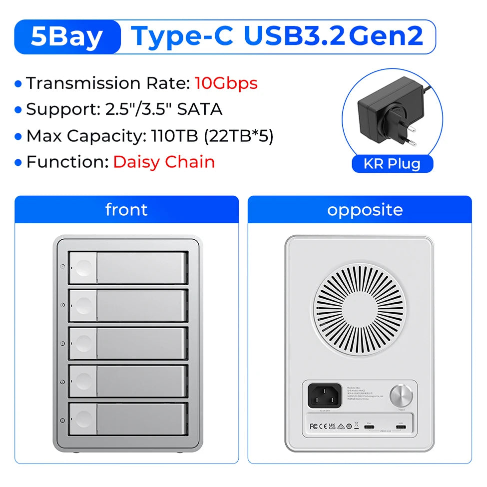 Docking Station ORICO 4/5 Bay SATA 10Gbps – Box Esterno HDD/SSD 2,5"/3,5", USB 3.2 Type-C, Daisy Chain, 110TB, Alimentatore 150W