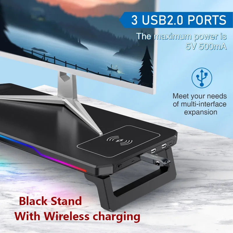 Supporto Monitor con Ricarica Wireless e Luce RGB – Docking Station Multifunzionale Pieghevole per Ufficio e Scrivania