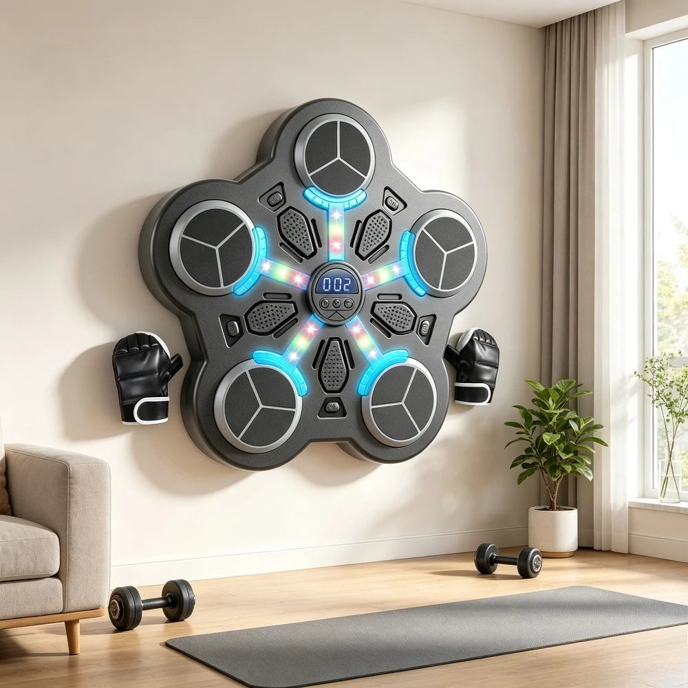 Sacco da Boxe da Parete con Musica – 3 Velocità, Luci LED, Senza Foratura | 34x33x4,5cm | Palestra Casa, Fitness, Dimagrimento