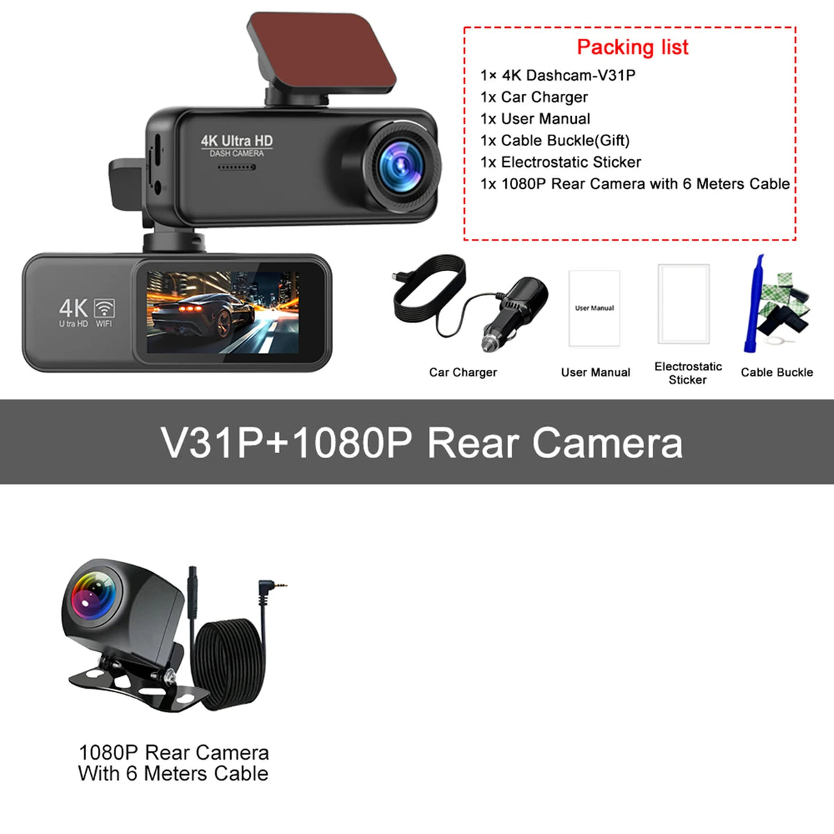 Dashcam Kocam 4K Doppia Telecamera Anteriore e Posteriore con Monitoraggio Parcheggio 24H, Visione Notturna e GPS