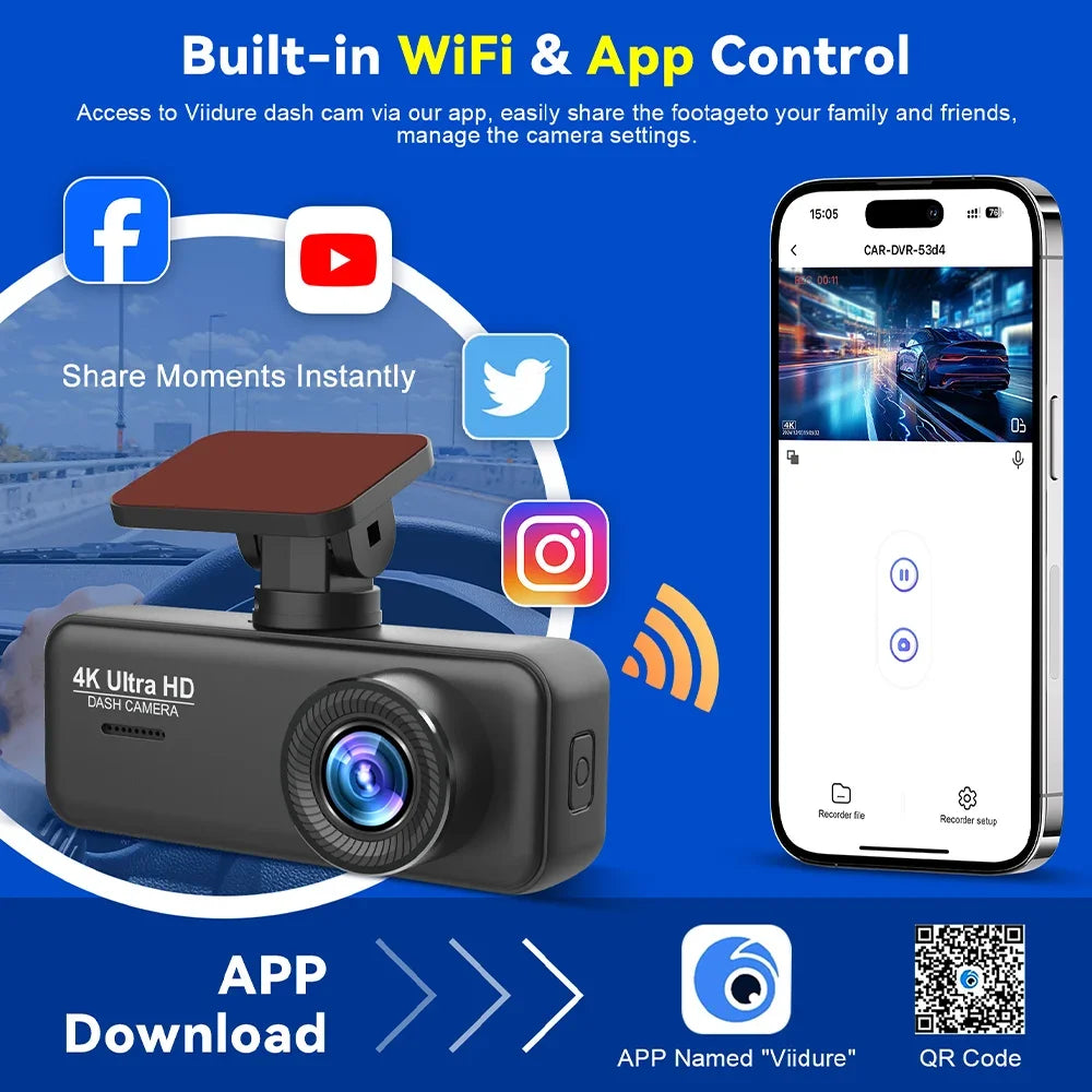 Dashcam Kocam 4K Doppia Telecamera Anteriore e Posteriore con Monitoraggio Parcheggio 24H, Visione Notturna e GPS
