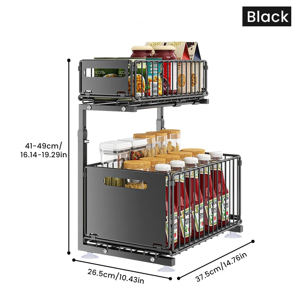 HGTUGO Organizer da Armadio Estraibile a 2 Ripiani – Portaspezie Regolabile in Acciaio, per Cucina, Bagno e Lavandino
